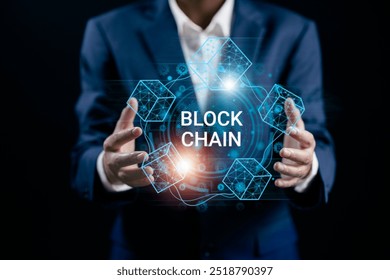 a Businessman connecting to blockchain global networking, Token money bank bitcoin, cloud data network connect and transfer asset digital, cyber security binary coded, Blockchain technology concept.