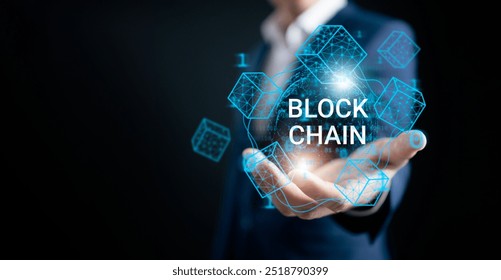 a Businessman connecting to blockchain global networking, Token money bank bitcoin, cloud data network connect and transfer asset digital, cyber security binary coded, Blockchain technology concept.