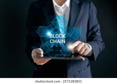 Businessman connecting to blockchain global networking, Token money bank bitcoin, cloud data network connect and transfer asset digital, cyber security binary coded, Blockchain technology concept.