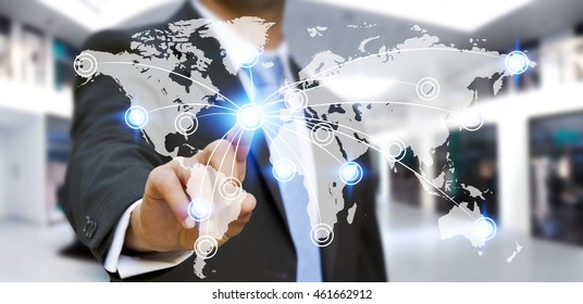 Businessman connecting different places of the world on a screen '3D rendering' - Shutterstock ID 461662912