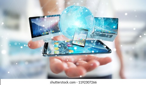 Businessman connecting tech devices and icons applications with each other 3D rendering - Shutterstock ID 1192307266