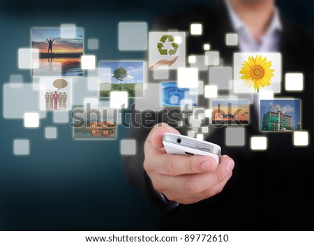 Businessman connection touch screen mobile phone