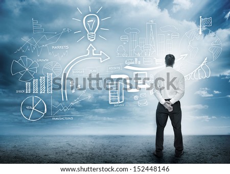 Businessman considering a brainstorm in cloudy desert setting