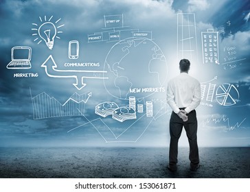Businessman considering a brainstorm for marketing in cloudy landscape - Powered by Shutterstock