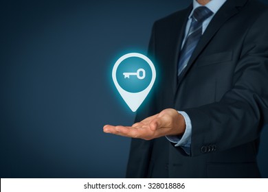 Businessman (consultant, coach, leader, CEO or another business person) offer key to success. Turnkey solution and services concept.
 - Powered by Shutterstock