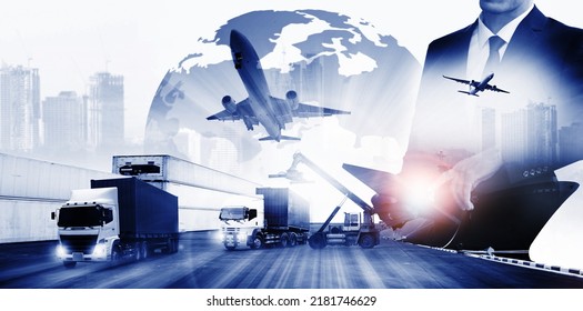 Businessman control virtual interface panel of global logistics network distribution and transportation, Smart logistics, Innovation future of transport on large warehouse center background.
