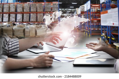 Businessman control virtual interface panel of global logistics network distribution and transportation, Smart logistics, Innovation future of transport on large warehouse center background.
