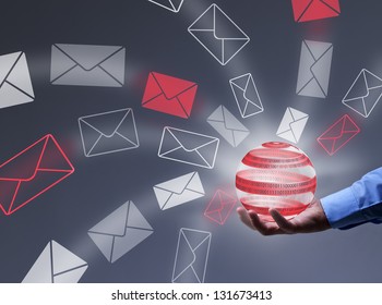 Businessman Controlling Digital Information Flow - Holding Tech Bubble Radiating Mail Envelopes