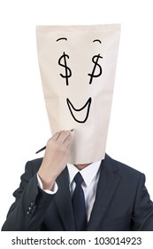 Businessman cover head drawing his face shown he think about money