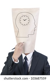 Businessman cover head drawing his face about time head