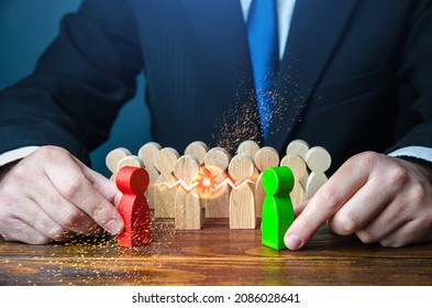 The businessman creates an artificial conflict. Sow discord, divide and rule. Rivalry competition to improve efficiency. Provoke conflict, embroil allies and strengthen power. Struggle for leadership - Shutterstock ID 2086028641