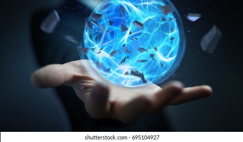 Businessman creating an exploding blue power ball with his hand 3D rendering