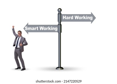 Businessman at the crossroads on working smart or hard