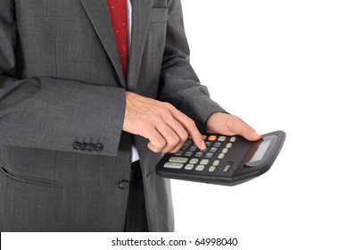 Businessman Crunching Numbers. All On White Background.