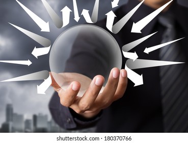 Businessman With Crystal Ball Protecting You From Arrow, Insurance Concept