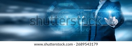 Businessman data analysis for performance and accountability, transparency systems, governance framework, compliance checks, responsibility tracking, ethical reporting, performance metrics