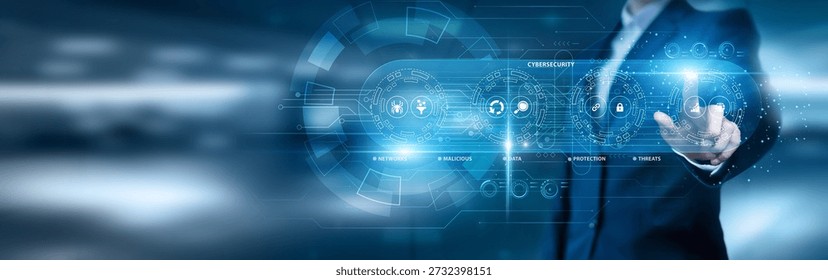 Businessman data analysis for performance and cybersecurity, data protection, risk management, digital defense, information security, network monitoring, fraud prevention