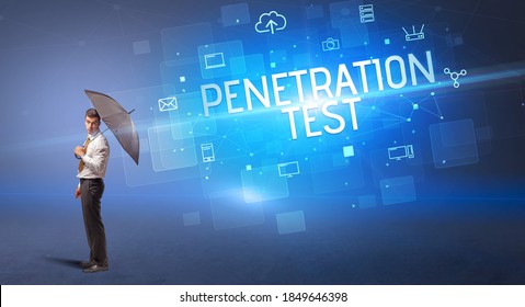 Businessman defending with umbrella from cyber attack and PENETRATION TEST inscription, online security concept