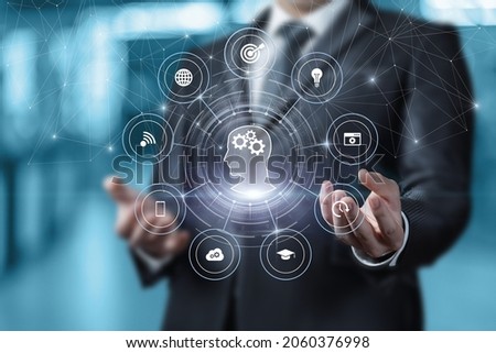 Businessman demonstrate structure of training and learning on blurred background.
