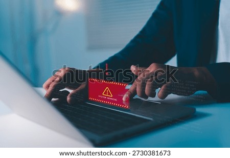A Businessman developer working and using laptop computer with triangle caution warning sign for notification error and maintenance concept, network security, computer virus detected, personal data protection.