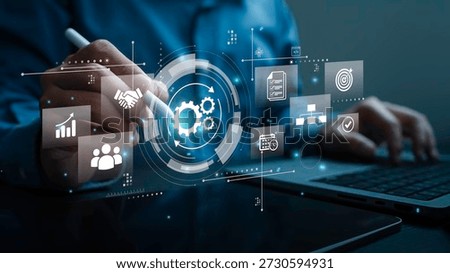 Businessman developing digital automation system and AI workflow optimization, Concept of process management, operational efficiency, business technology, and digital transformation strategy