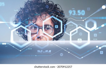 Businessman with device, pensive look and eyeglasses, blockchain hologram and numbers with rising lines, digital analytics. Concept of education and e-business
