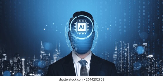 Businessman with digital AI chip interface over face, futuristic tech style, blue city nightscape background, concept of artificial intelligence evolution