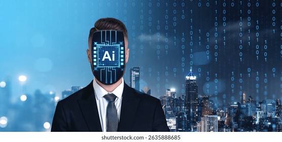 A businessman with a digital AI interface for a face, wearing a suit, set against a futuristic city skyline at night with binary code overlay