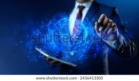 Businessman and digital globe. Worldwide communication. Business Internet Technology Concept. Digital Planet Earth Hologram
