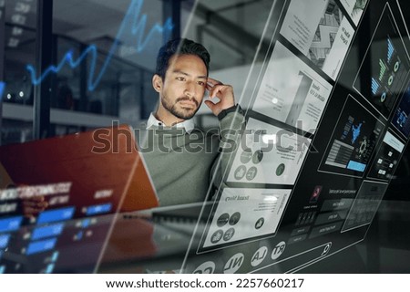 Businessman, digital interface and trading in analytics for stock market research, strategy or marketing at night office. Male trader with futuristic UI, UX or display for data statistics or analysis