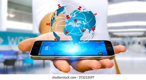 Businessman Digital World Map Pins Floating Stock Photo 373213597 ...