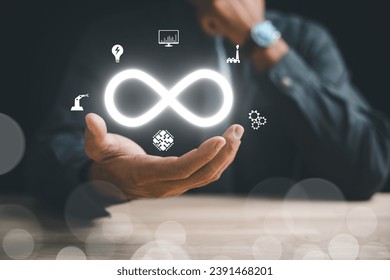 Businessman displays circular infinity symbol, depicting circular economy and infinite opportunities. Strategy of sustainable investment, banking, and financial growth. technology infinity data