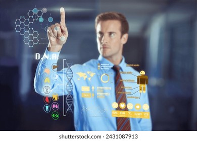 Businessman, dna and digital interface for health, working and information technology for job. Male person, planning and brainstorming with internet for corporate company, hologram and software - Powered by Shutterstock