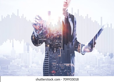 Businessman with document in hand drawing abstract business chart bars on bright city background. Trade concept. Double exposure  - Powered by Shutterstock