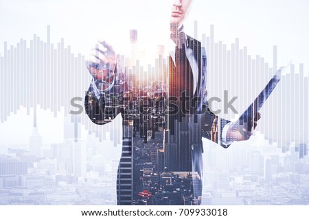 Businessman with document in hand drawing abstract business chart bars on bright city background. Trade concept. Double exposure 