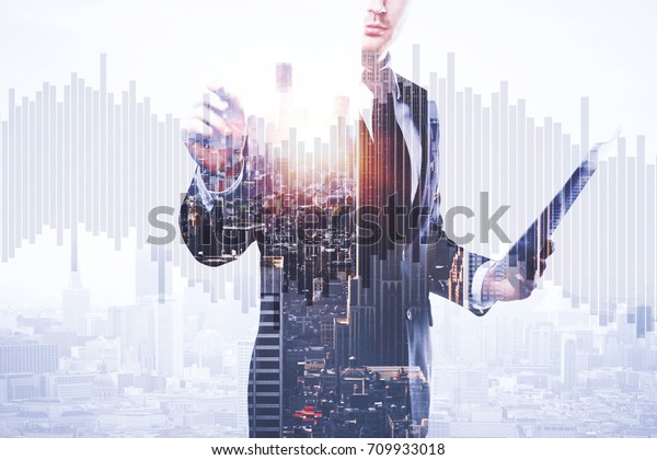 Businessman with document in hand drawing abstract\
business chart bars on bright city background. Trade concept.\
Double exposure 