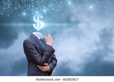 Businessman with dollar sign instead of a head against the sky.