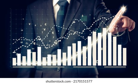 Businessman Draw Finance Allusive Graph Chart Showing Business Profit Growth Increasing To Future Target . Excellent Financial Status Of Corporate Business Rise Up . Finance And Money Technology .