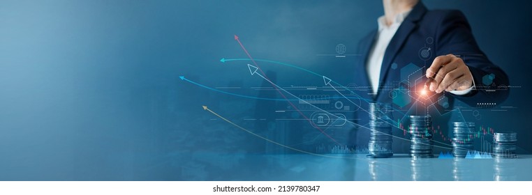 
Businessman draw growth graph analysing stock market profit on global business investment. Banking, financial planning management strategy for business growth and success on data networking.