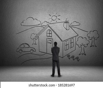 Businessman Draw A House On Wall, Dream Home