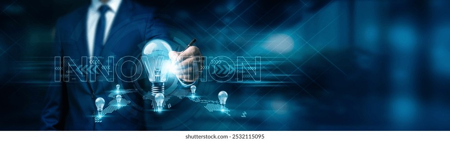 Businessman draw innovation of ideas and strategies. Global network collaboration. Innovation in processes, products, and services; technology advancements, market expansion. - Powered by Shutterstock