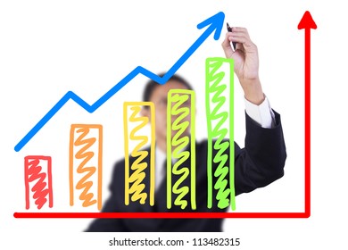 businessman drawing colorful graph grow with arrow sign