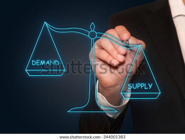 Businessman drawing Demand Supply neon scales ,\
business concept