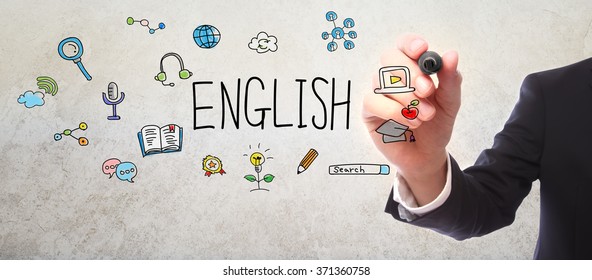 Businessman drawing English concept with a marker - Shutterstock ID 371360758