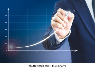 Businessman drawing an exponential curve of a progress in business performance, return on investment - ROI, on a virtual screen presentation.