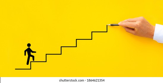 Businessman drawing growing stairs.
Development career growth, success and progress concept.