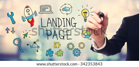 Businessman drawing Landing Page concept on blurred abstract background 