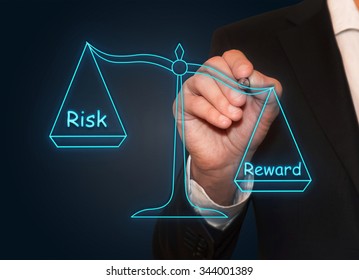 Businessman Drawing Risk Reward Neon Scales, Business Concept