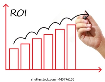 Businessman Drawing ROI Graph On Virtual Screen. Business, Banking, Finance And Investment Concept.