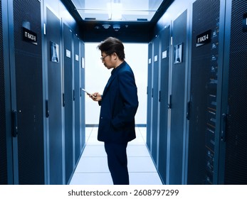 A businessman dressed in a suit is engaged in a smartphone interaction while standing in a corridor of a modern data center, surrounded by server racks.